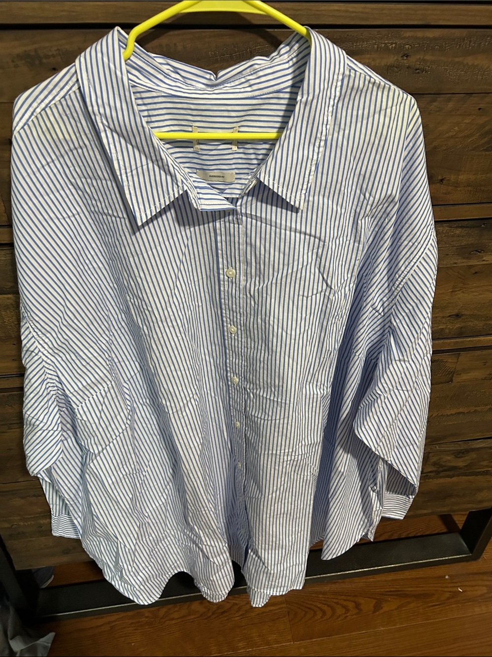 Woman’s Blue and White Striped Button-Up Shirt - Classic Collar Oversized.